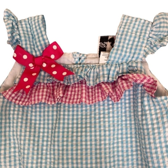 Rare Editions Beach Chair Blue White Gingham Seersucker Ruffled Dress Sz 24 mo - Picture 3 of 13